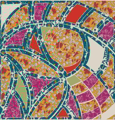  “Vibrant radial swirl pattern with green, red, and blue — energetic and playful.”