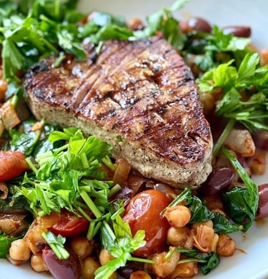Semaglutide Recipe: Grilled Tuna Steak over Greens with Chickpeas and Tomatoes