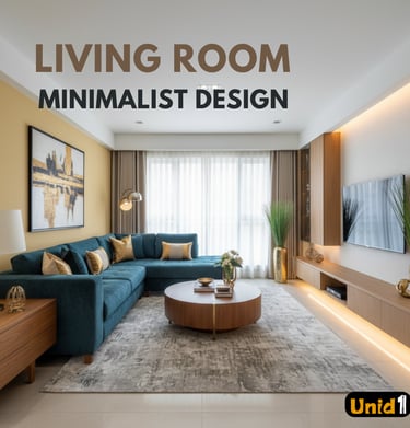 Modern minimalist living room featuring a teal sectional sofa, round wood coffee table, and neutral decor.