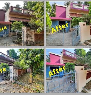 Before and after comparison of a home exterior renovation featuring fresh purple paint and new fencing.