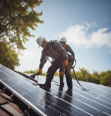 Photo of a technician installing solar panels on a residential roof under a clear blue sky