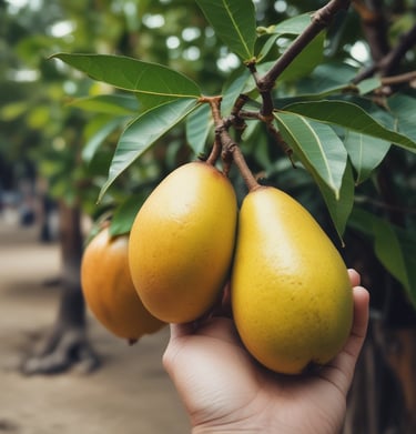 A hand holding a perfectly ripe mango against a sunny backdrop.