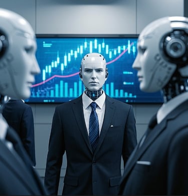 ai male robots business suits digital finance graph in the background