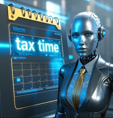 ai female robot business suit digital calendar tax time on it