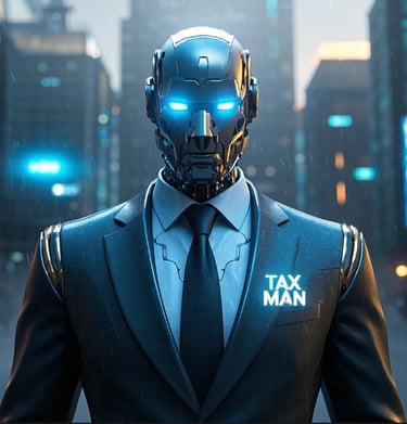 a man in a suit and tie with a tax man sticker on his face