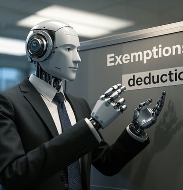 ai male robot teaching about exemptions and deductions with taxes
