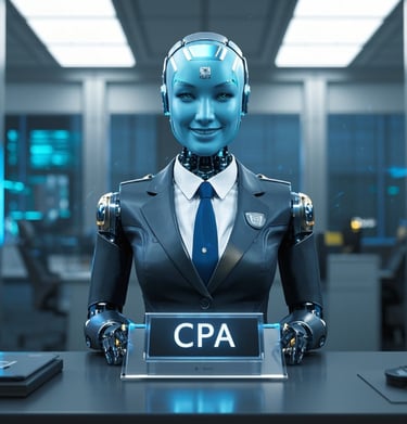ai female robot business suit desk name plaque with the letters CPA on it