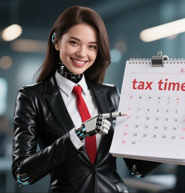 a woman in a black leather suit and tie is holding a calendar tax time