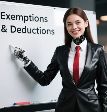 a woman in a black leather suit and red tie white eraser board exemptions deductions
