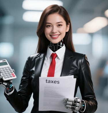 a woman in a black leather suit and red tie holding a calculator and tax document 