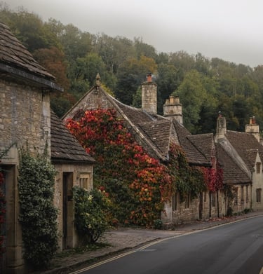 Out of a scene Midsummer nights Cotswolds Cotswolds with chimney smoke