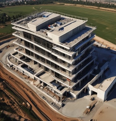 An aerial view of a reinforced building under construction.