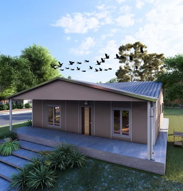 a small house with a lot of steps and steps leading up to the house