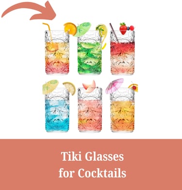 6 Tiki glasses filled with colorful drinks