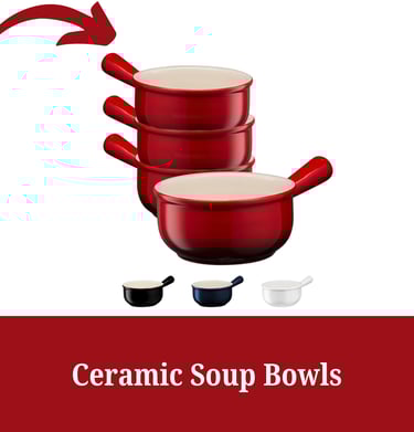 a red bowl with a bowl of soup and a bowl of soup