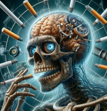 Crâne futuriste entouré de cigarettes, illustrant les dangers du tabac sur le cerveau et le corps