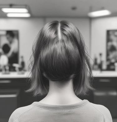 A hairstylist is curling the hair of a seated woman with a curling iron. The woman has long, wavy blond hair and is wearing a black salon cape. There is a plant in the background and a white railing behind the hairstylist.