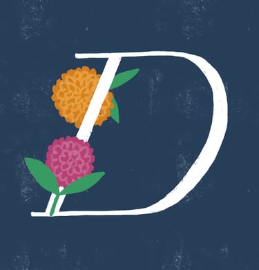 Letter D illustrated with dahlia flowers.