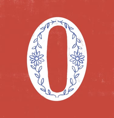 Number 0 illustrated with a flower pattern on a red background..