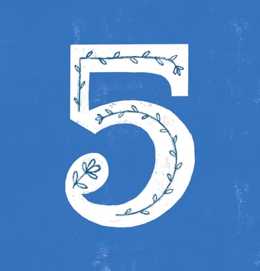 Number 5 illustrated with a flower pattern on a blue background..