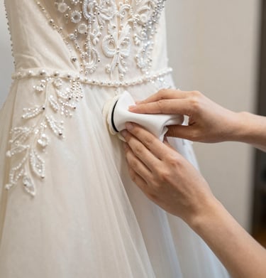 A technician delicately treating a stubborn stain on a vintage bridal gown.