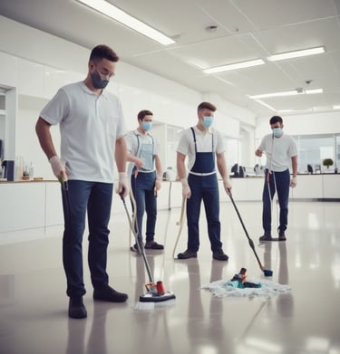 A group of people inside a room engage in cleaning or maintenance activities. One person sweeps the floor with a broom while others stand and observe, smiling or gesturing. The room has wooden structures and a child rests on a bed nearby.