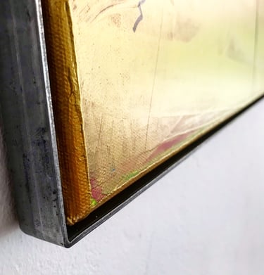 Acrylic on canvas, in golden tones and framed in a shadow steel gap - Flash for empathy