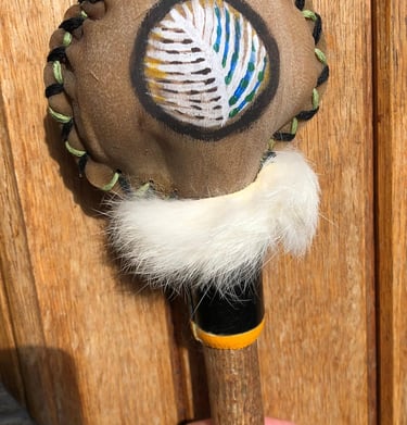 Owl Rattle with Stag hide and Hazel handle