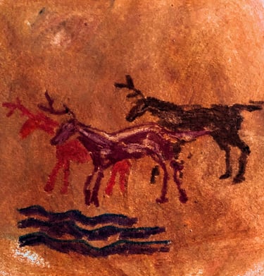 Cave painting. Deer by river