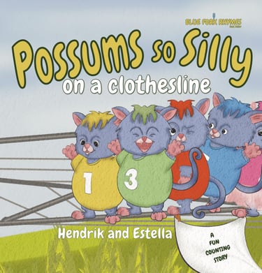 Children's book cover for Possums so Silly on a Clothesline featuring colorful cartoon opossums.