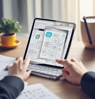 A smartphone with a decorative case lies on top of an open laptop, with the keyboard and a segment of the screen visible. The laptop's screen is displaying a futuristic, abstract interface of charts and curves. The setting has a moody ambience with dim lighting.