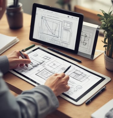 Um designer esboça plantas arquitetônicas em um tablet digital com caneta stylus, sentado a uma mesa