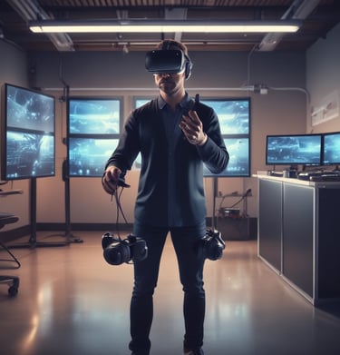 Profissional usando um headset de realidade virtual e controles de movimento em uma sala futurista d