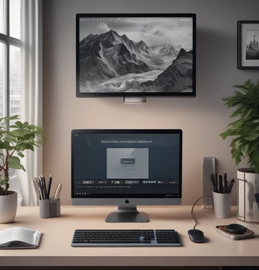 A modern workspace features a large curved monitor displaying a web agency page, surrounded by various items including a laptop, a smartphone, a wireless keyboard, headphones, and a stylus pad. The setup is neatly arranged on a wooden desk against a dark wall, creating a sleek and professional look.