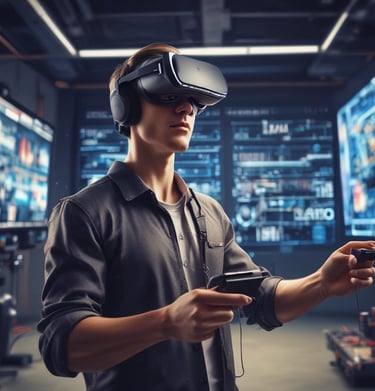 Various technology-related items are placed on a dark surface. A virtual reality headset with controllers is centrally located. Nearby, there is a black case, a tripod, and partially visible accessories including a wooden coaster or speaker.