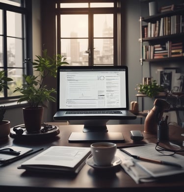 A workspace setting featuring an open laptop displaying code, a smartphone with a camera app open, a person's hand holding a cup of coffee, and a book titled 'Trend-Driven Innovation'. The person is wearing a watch and bracelets.