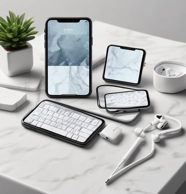 An arrangement of modern technology items including a smartphone, laptop, earbuds, and a mouse. The smartphone is prominently displayed with its box, featuring a sleek design and multiple cameras. The earbuds are neatly placed in an open case. A laptop and a wireless mouse are also visible, all set against a marble surface.