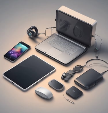 Uma coleção de dispositivos eletrônicos modernos, incluindo um laptop, um tablet, um smartphone e ac