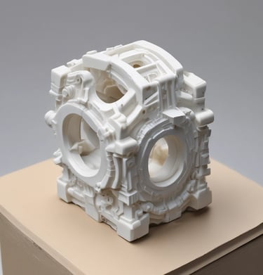 A metallic, intricately machined component with a tubular protrusion and detailed geometric patterns on its surface, likely a part for mechanical or industrial use.