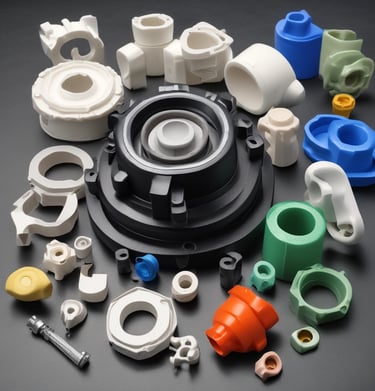 A collection of metallic, machined components neatly arranged on a cardboard surface. The parts vary in shape and size, including cylindrical and flat pieces with holes and grooves. Some parts have the letters 'DRG' etched into them.