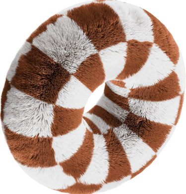 A 3D brown and white checkered fuzzy torus with a soft, plush faux fur texture.