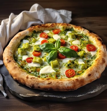 Gourmet pesto pizza topped with melted mozzarella cheese, fresh cherry tomatoes, and basil leaves on a stone board.