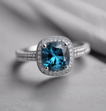 A close-up view of a luxurious diamond engagement ring set on top of a wedding band. The central diamond is a large, square cut, flanked by smaller round diamonds set into the gold band. The background is blurred, emphasizing the elegant details and sparkle of the jewelry.