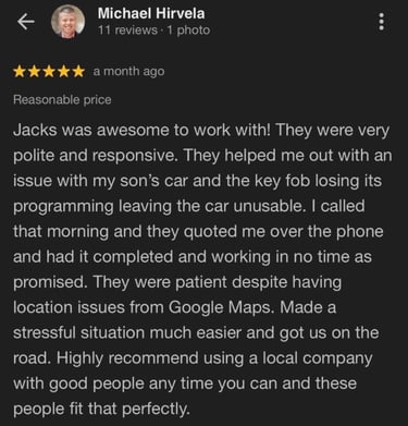 star Google review — Jack's Locksmith Burnsville NC, key fob reprogrammed, quoted by phone, same day