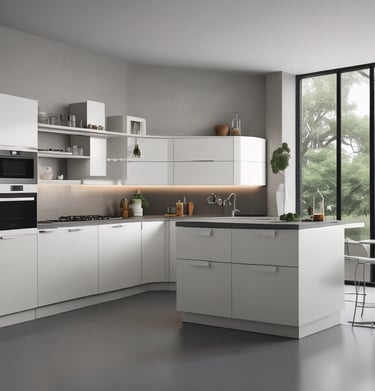 A minimalist kitchen design with white cabinetry and a marble countertop.
