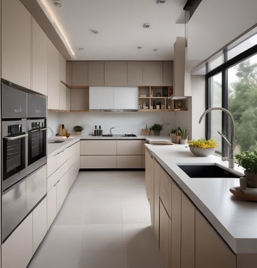 A spacious kitchen with an open layout and large windows for natural light.