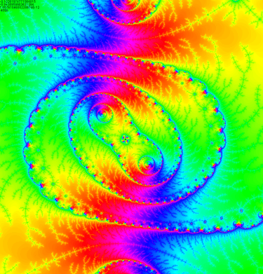 a fractal image of colorful spirals and dots of color