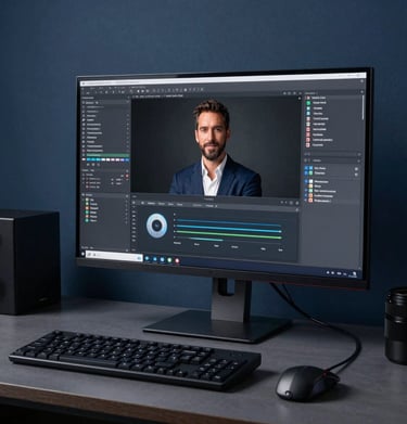 A sleek digital workstation in a South American / Brazilian design studio, featuring a large monitor displaying a professional profile, aesthetic lighting in dark slate blue.