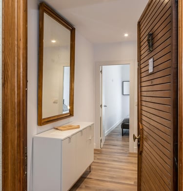Apartment entrance hall with mirror and wooden door, Anne apartment San Sebastian