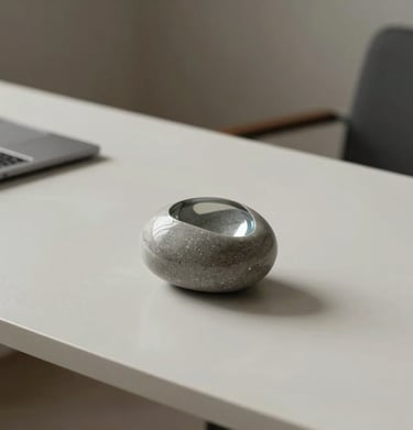 Minimalist home office desk in an International / Global apartment with a small, sculptural Pebble Grey resin paperweight.